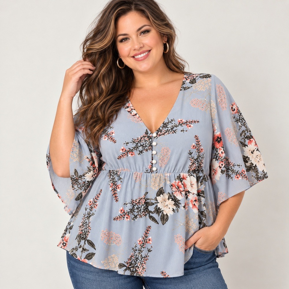 Torrid Babydoll Top Women 2X Blue Floral NWT Peplum V-Neck Flare Sleeve Romantic